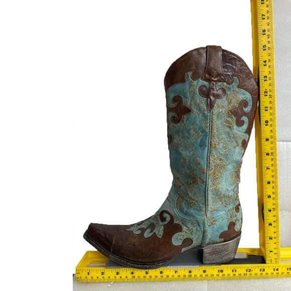 Lane Turquoise Brown Snip Toe Leather Cowboy Western Cowgirl Boots Women's 10.5 - Picture 11 of 13
